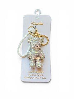 Natasha Crystal Teddy Bear Charm Keychain - Iridescent White